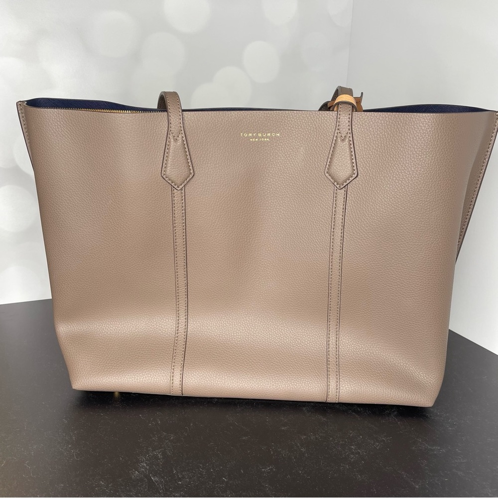 Tory Burch Taupe Leather Tote with Navy Interior